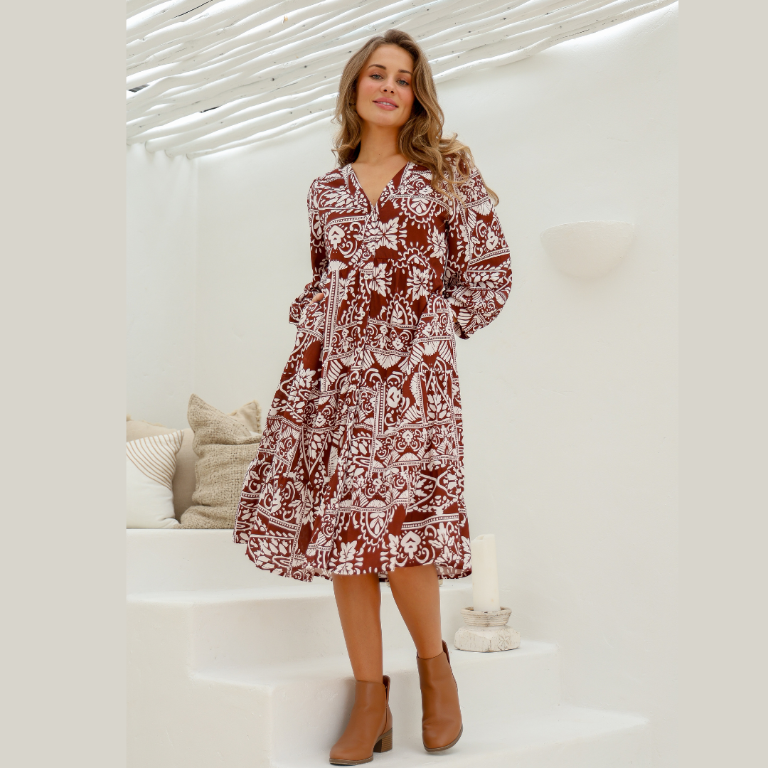 Rosalie Brown & White Midi Dress