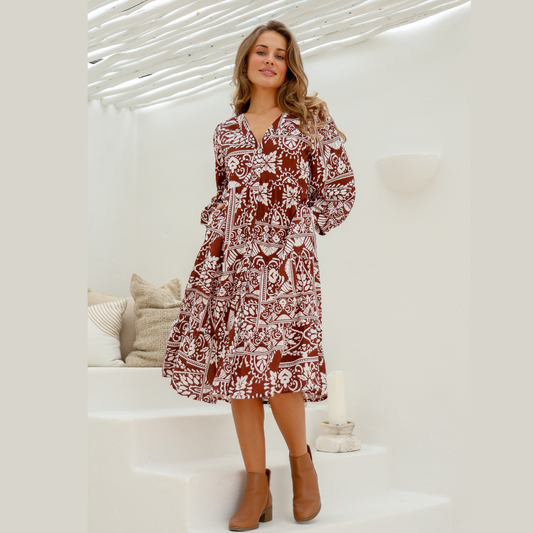 Rosalie Brown & White Midi Dress