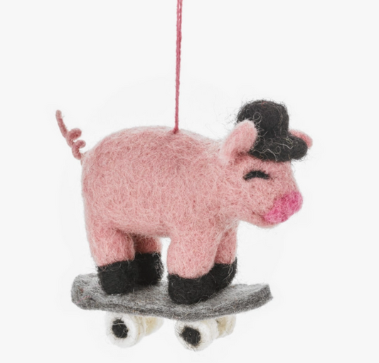 Skating Pig Felt Ornament