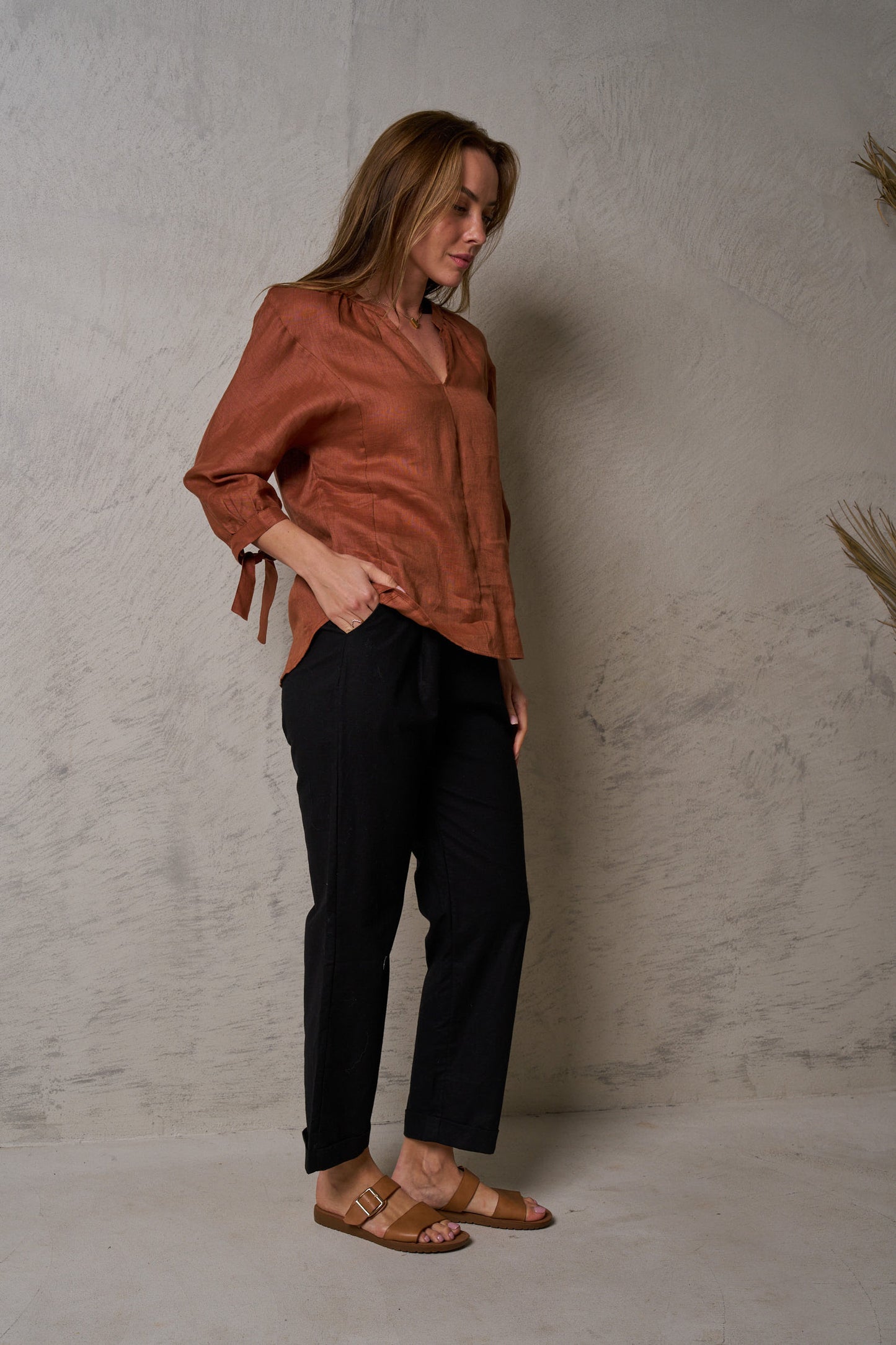 Siera Rust Linen Tie Top